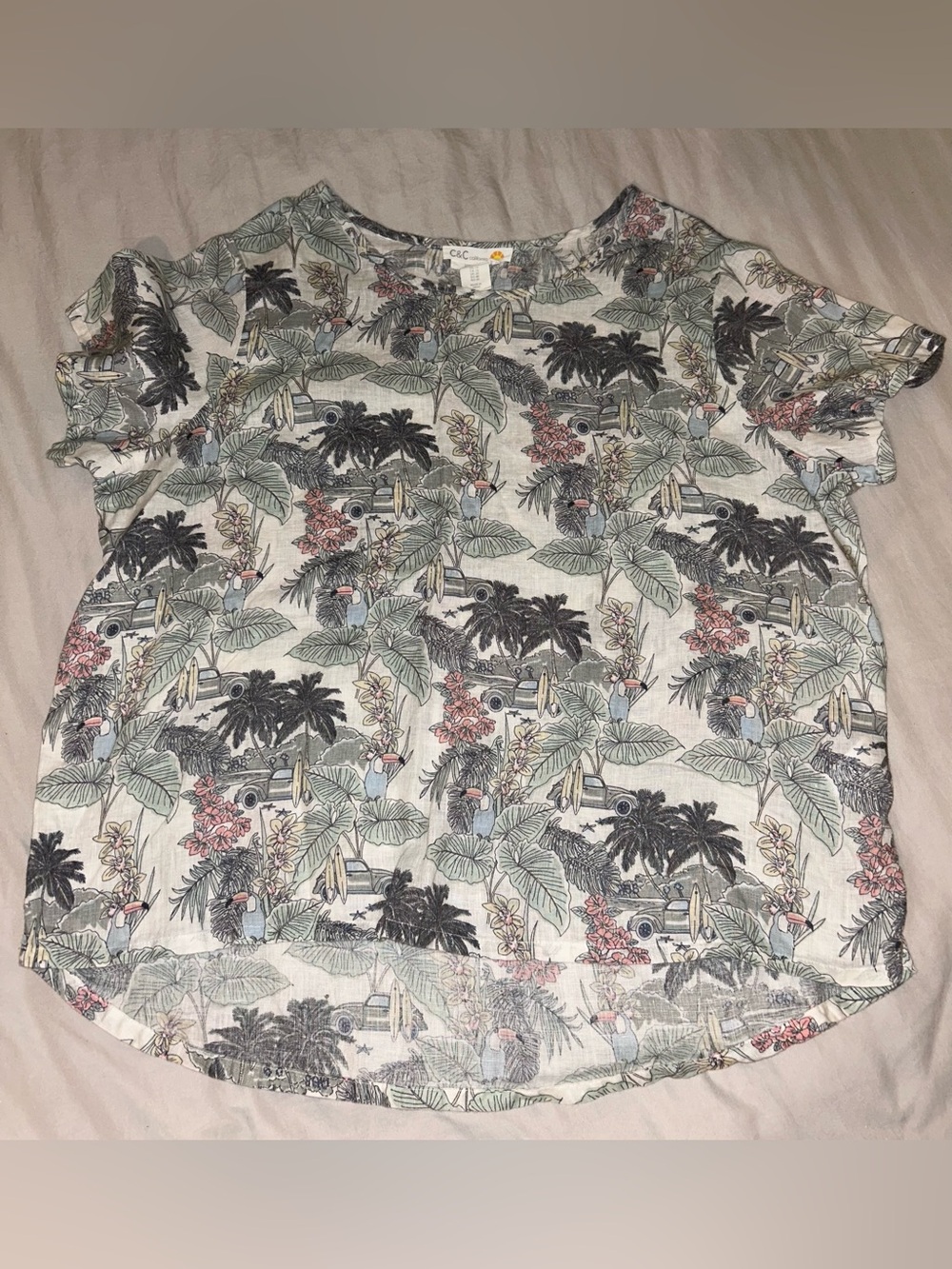 C&C California Tropical Toucan & Beach Surf Print Top 100% Linen 1X